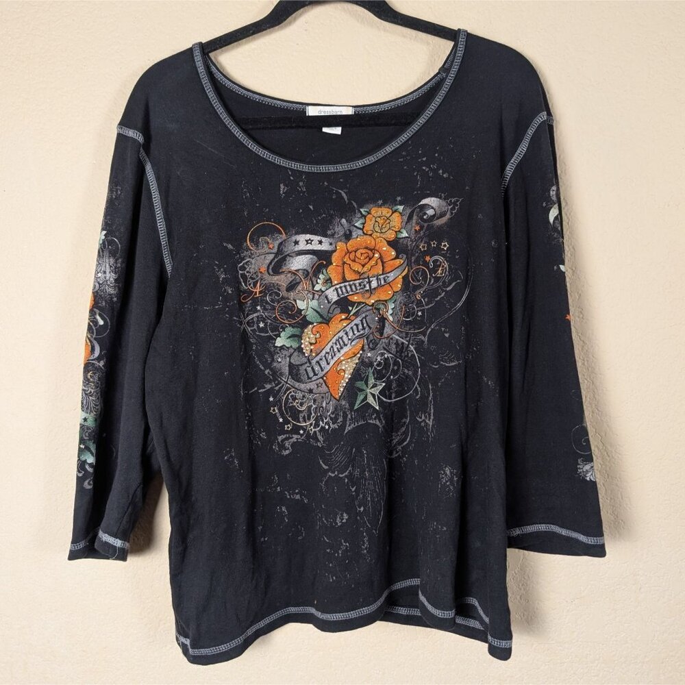 VTG Y2K Dressbarn Graphic T-Shirt Womens 1X 3/4 Sleeve Rhinestone Grunge Rose